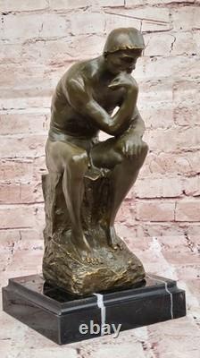 Bronze Sculpture on Marble Base After Rodin’s The Thinker Signed Classic