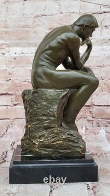 Bronze Sculpture on Marble Base After Rodin's The Thinker Signed Classic