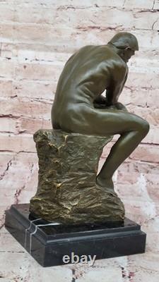 Bronze Sculpture on Marble Base After Rodin’s The Thinker Signed Classic