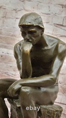 Bronze Sculpture on Marble Base After Rodin’s The Thinker Signed Classic