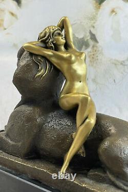 Bronze Sign Sculpture Sphinx Chair Nymph Mythology Statue On Marble Base