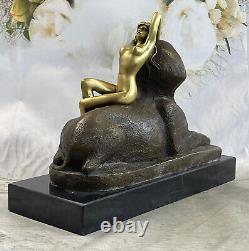 Bronze Sign Sculpture Sphinx Chair Nymph Mythology Statue On Marble Base