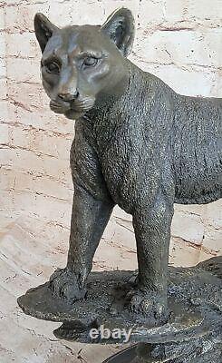 Bronze Signage On Marble Mountain Lion Puma Cougar Cat Statue Sculpture Art