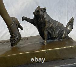 Bronze Signed Art Decor Marble Base Girl With/ Cat Figurine Sculpture