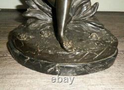 Bronze Signed Dubois Young Girl With Flowers Black Marble Terrace, Patina