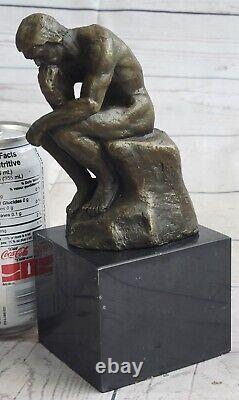 Bronze Signed Sculpture Chair Male French Rodin The Thinker On Marble Base
