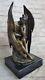 Bronze Signed Sculpture Classic Satan Chair Devil Statue Black Marble Base