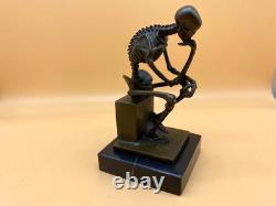 Bronze Skeleton Thinker Sculpture on Black Marble Base After Milo