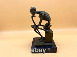 Bronze Skeleton Thinker Sculpture on Black Marble Base After Milo