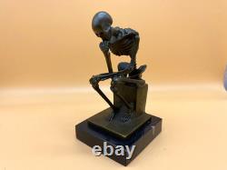 Bronze Skeleton Thinker Sculpture on Black Marble Base After Milo