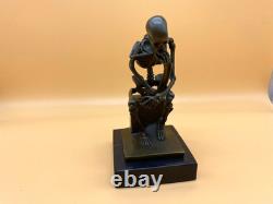Bronze Skeleton Thinker Sculpture on Black Marble Base After Milo