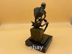 Bronze Skeleton Thinker Sculpture on Black Marble Base After Milo