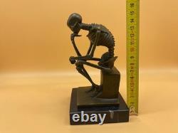 Bronze Skeleton Thinker Sculpture on Black Marble Base After Milo