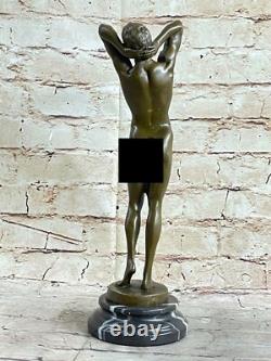 Bronze Statue Signed Art Deco Nude Sculpture Figurine on Marble Base