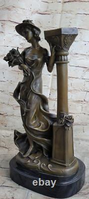 Bronze Statue of Female Bust with Flower Hat on Marble Base Lady Woman 16 Signed