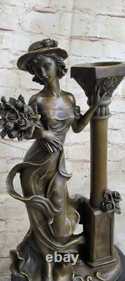 Bronze Statue of Female Bust with Flower Hat on Marble Base Lady Woman 16 Signed