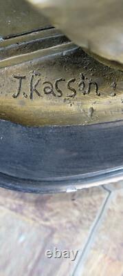 Bronze Statue of Female Bust with Flower Hat on Marble Base Lady Woman 16 Signed