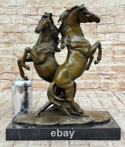 Bronze Statue of Two Wild Horses Signed on Marble Base