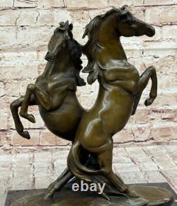 Bronze Statue of Two Wild Horses Signed on Marble Base