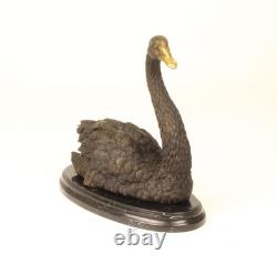 Bronze Swan Statue on a Black Marble Base Signed