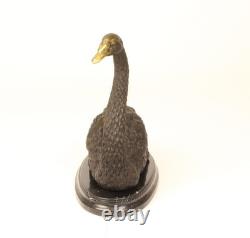 Bronze Swan Statue on a Black Marble Base Signed