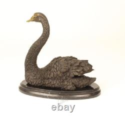 Bronze Swan Statue on a Black Marble Base Signed