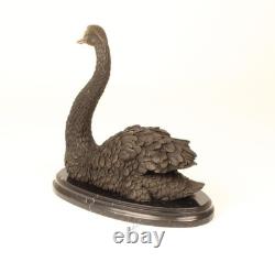 Bronze Swan Statue on a Black Marble Base Signed