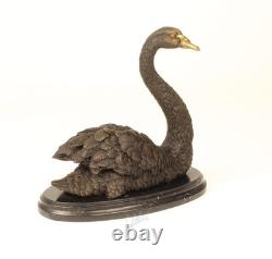 Bronze Swan Statue on a Black Marble Base Signed