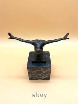 Bronze Swimmer Sculpture on a Black Marble Base after Milo