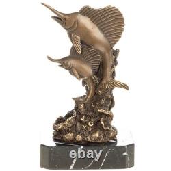 Bronze Swordfish Sculpture on Black Marble Base, Art Deco, Signed