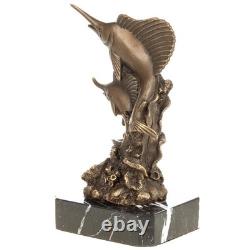 Bronze Swordfish Sculpture on Black Marble Base, Art Deco, Signed