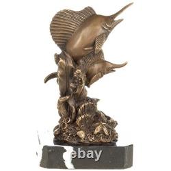 Bronze Swordfish Sculpture on Black Marble Base, Art Deco, Signed