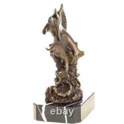 Bronze Swordfish Sculpture on Black Marble Base, Art Deco, Signed