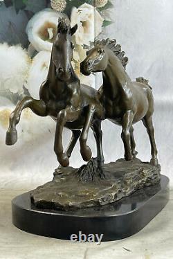Bronze Wild Horse Marble Base Signed Statue Sculpture Figure Fonte