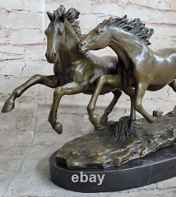 Bronze Wild Horse Marble Base Signed Statue Sculpture Figure Fonte