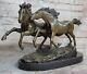 Bronze Wild Horses Marble Base Signed Statue Sculpture Figurine Cast Iron