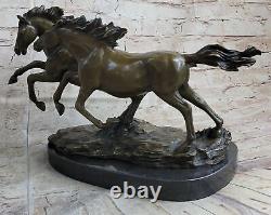 Bronze Wild Horses Marble Base Signed Statue Sculpture Figurine Cast Iron