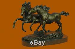 Bronze Wild Horses Marble Base Signed Statue Sculpture Figurine Hot Iron