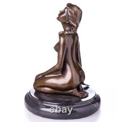 Bronze Woman Sculpture on a Black Marble Base, Art Deco, Signed