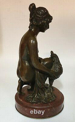 Bronze Woman With Rooster Signed Moret Xixeme On A Red Marble Base Turquin