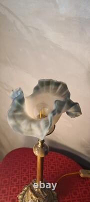 Bronze and marble lamp with blue-grey glass tulip signed Vianne 40x17 good condition