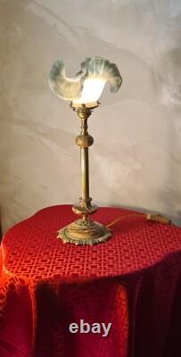Bronze and marble lamp with blue-grey glass tulip signed Vianne 40x17 good condition