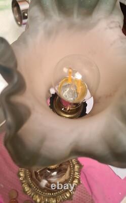 Bronze and marble lamp with blue-grey glass tulip signed Vianne 40x17 good condition