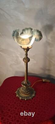 Bronze and marble lamp with blue-grey glass tulip signed Vianne 40x17 good condition