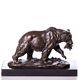 Bronze Bear Sculpture With Fish On Black Marble Signed