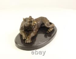 Bronze leopard sculpture on a black marble base after Milo
