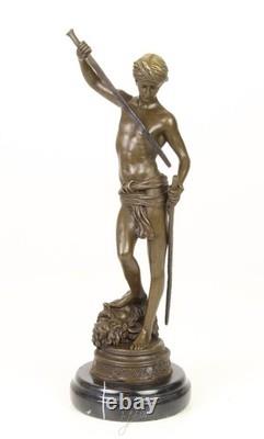 Bronze sculpture of David on a black marble base after Antonin Mercier