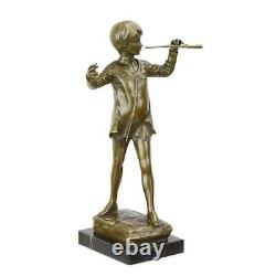Bronze sculpture of Peter Pan on a black marble base, signed