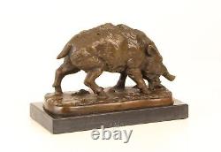 Bronze sculpture of a Wild Boar on a black marble, signed