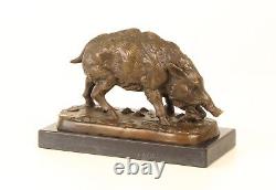 Bronze sculpture of a Wild Boar on a black marble, signed